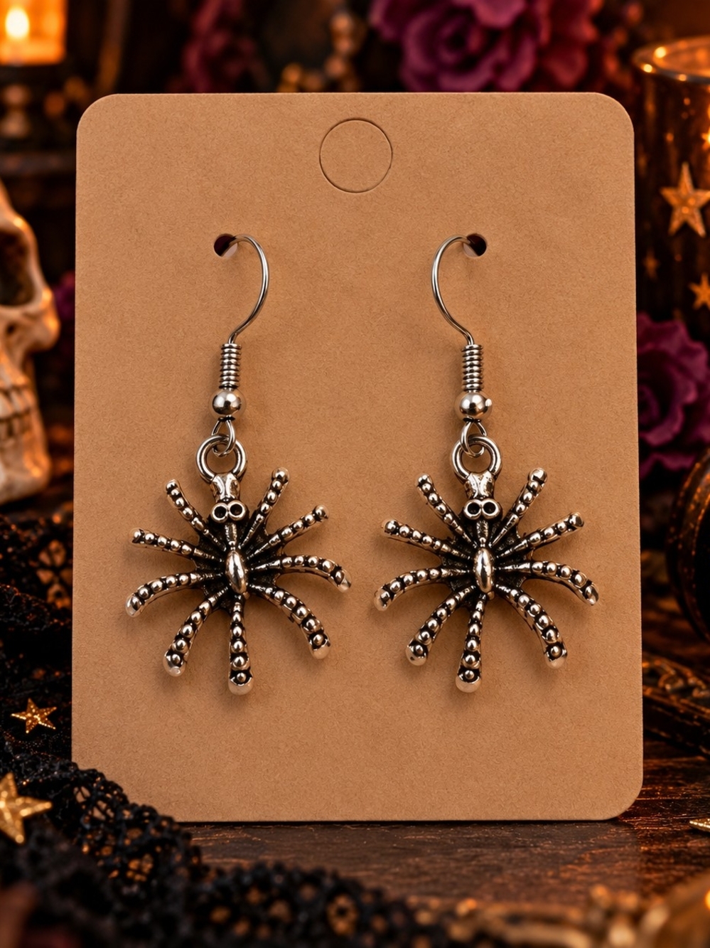 Silver Tone Metal Spider Drop Dangle Earrings New